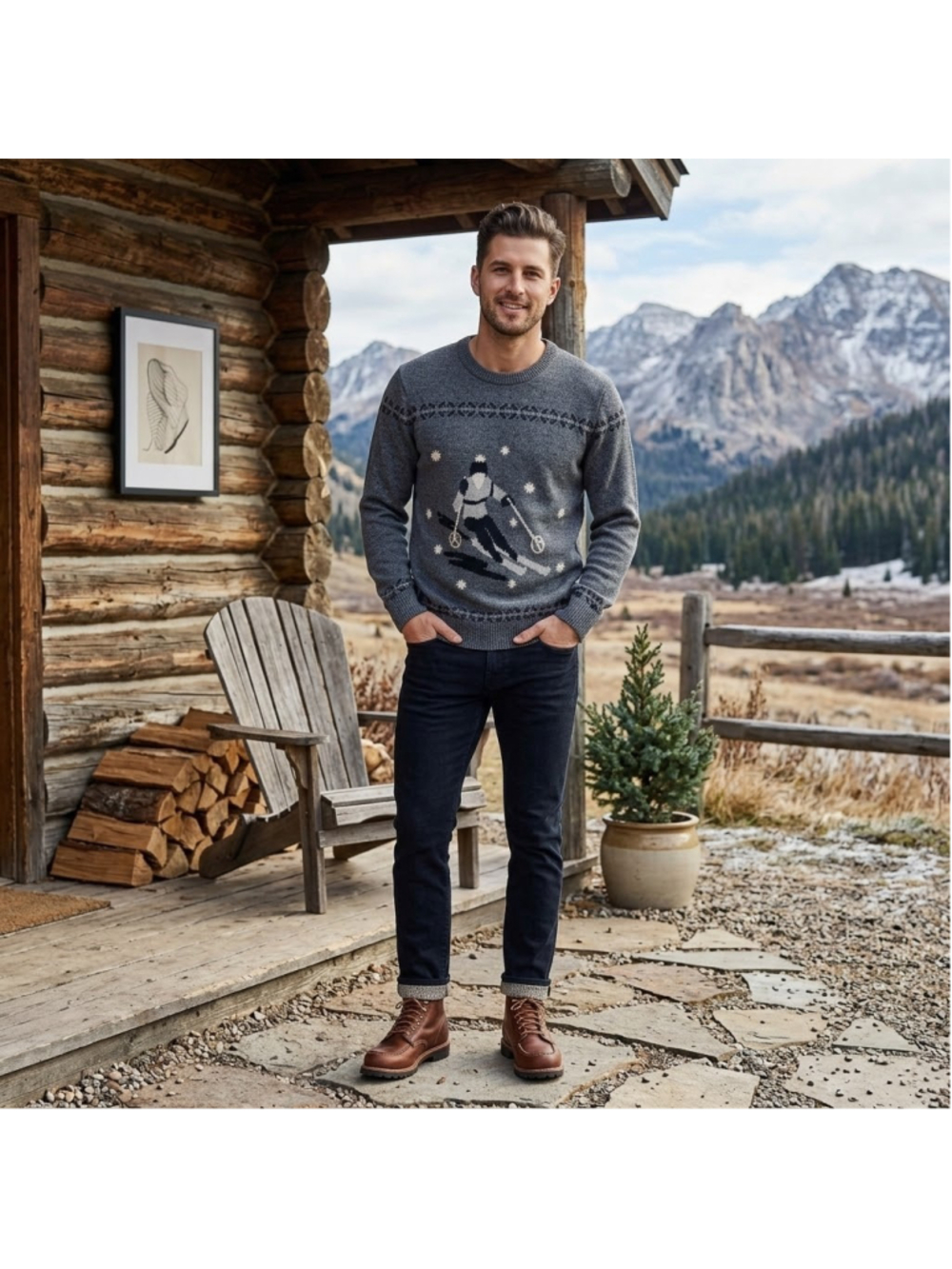 Lands End Ski Sweater Mens Large 42-44 Gray Cotton Wool Blend Winter Crewneck